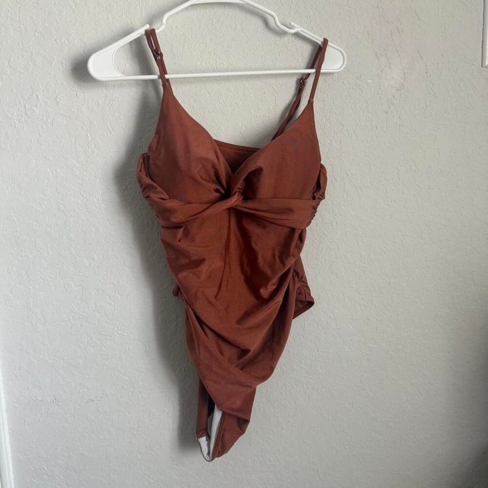SHEIN Rust Twist Front Ruched One Piece Swimsuit XL